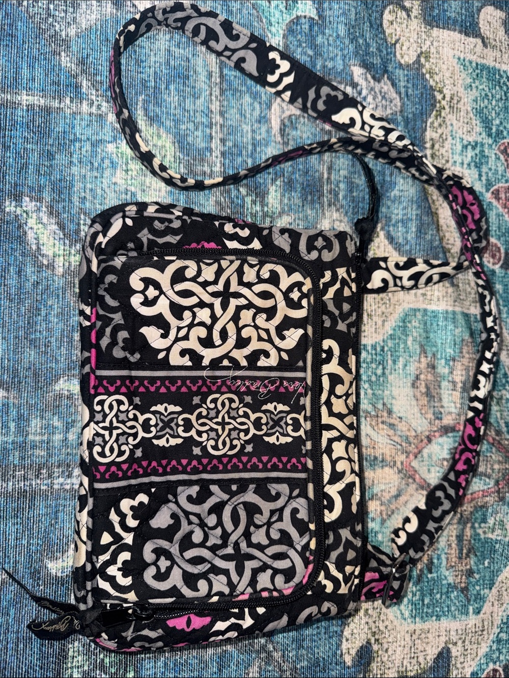 Vera Bradley Quilted Crossbody Bag in Black, Cream & Pink Accent